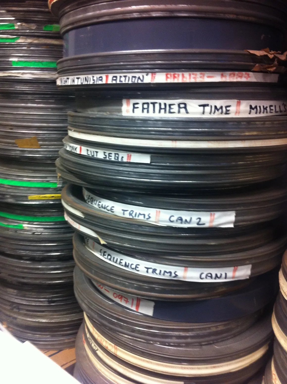Film reels with handwritten labels